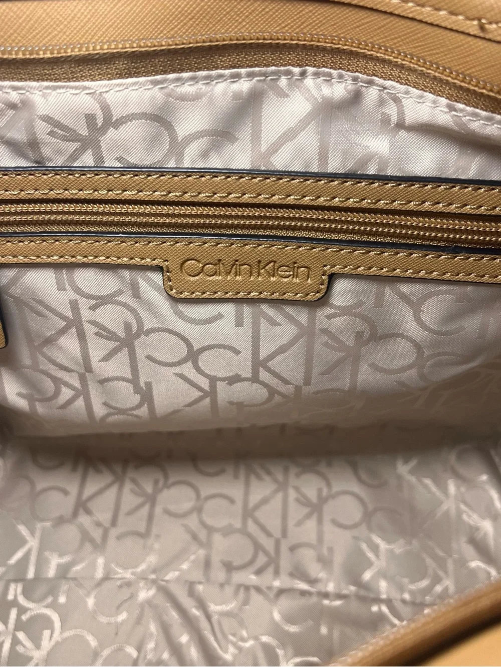 Calvin Klein Cream Monogram Tote with Tan Trim